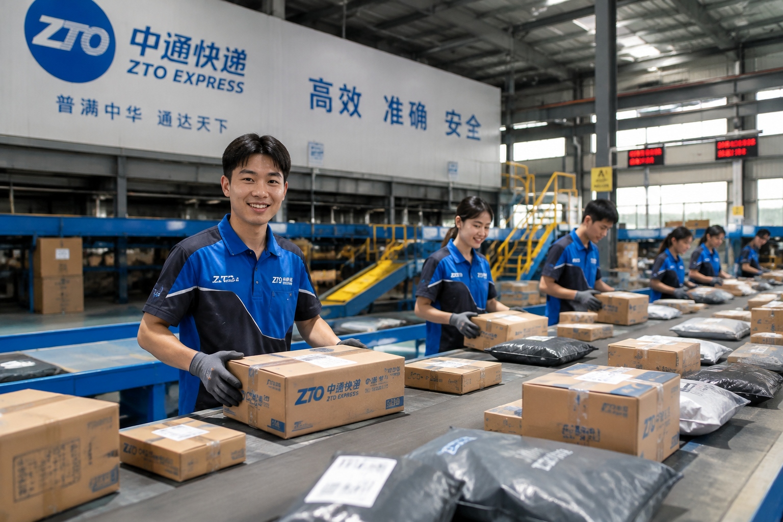 Workers sorting parcels at a busy Chinese express delivery center