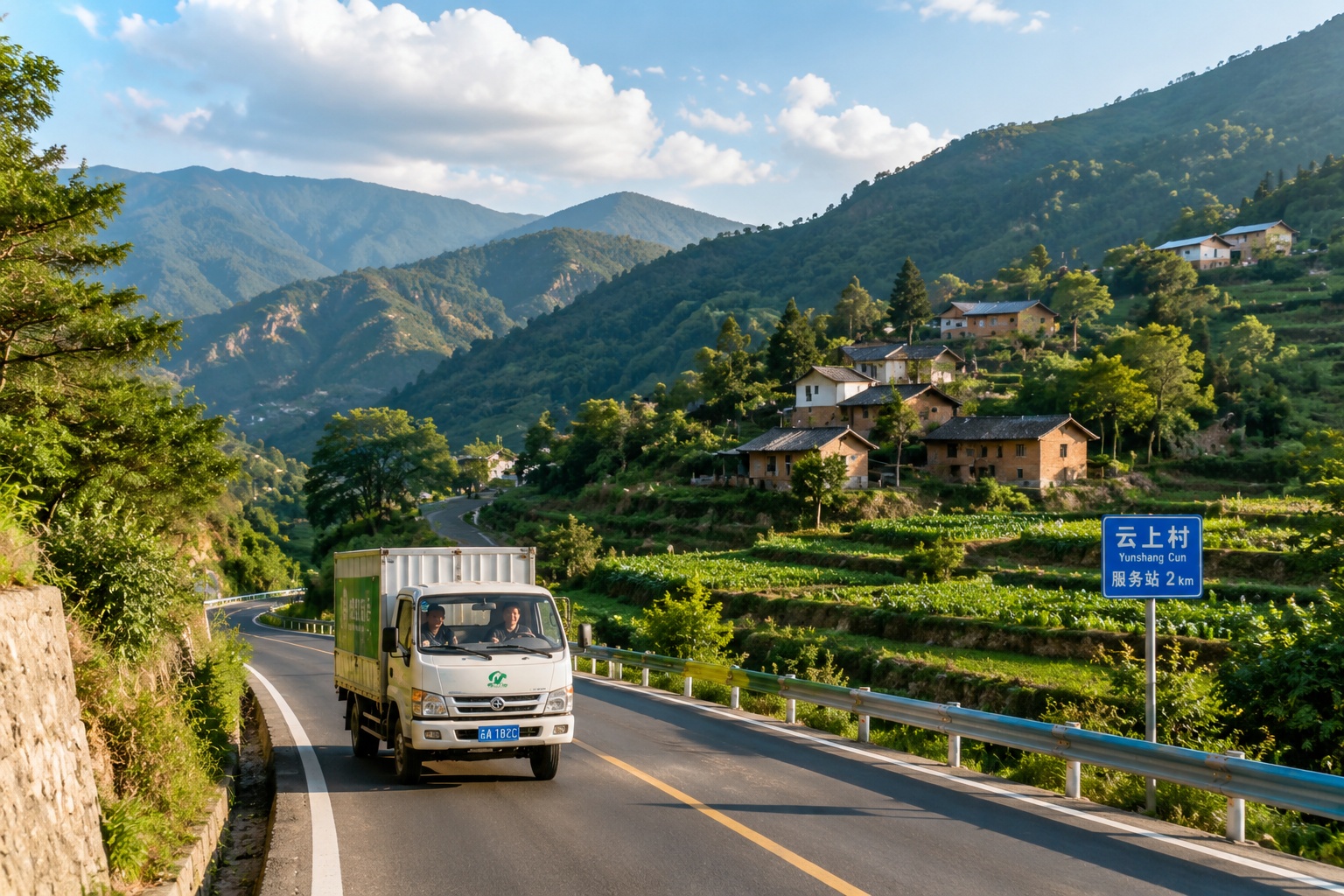 A delivery truck driving on a new rural road through mountainous terrain in Yunnan, China
