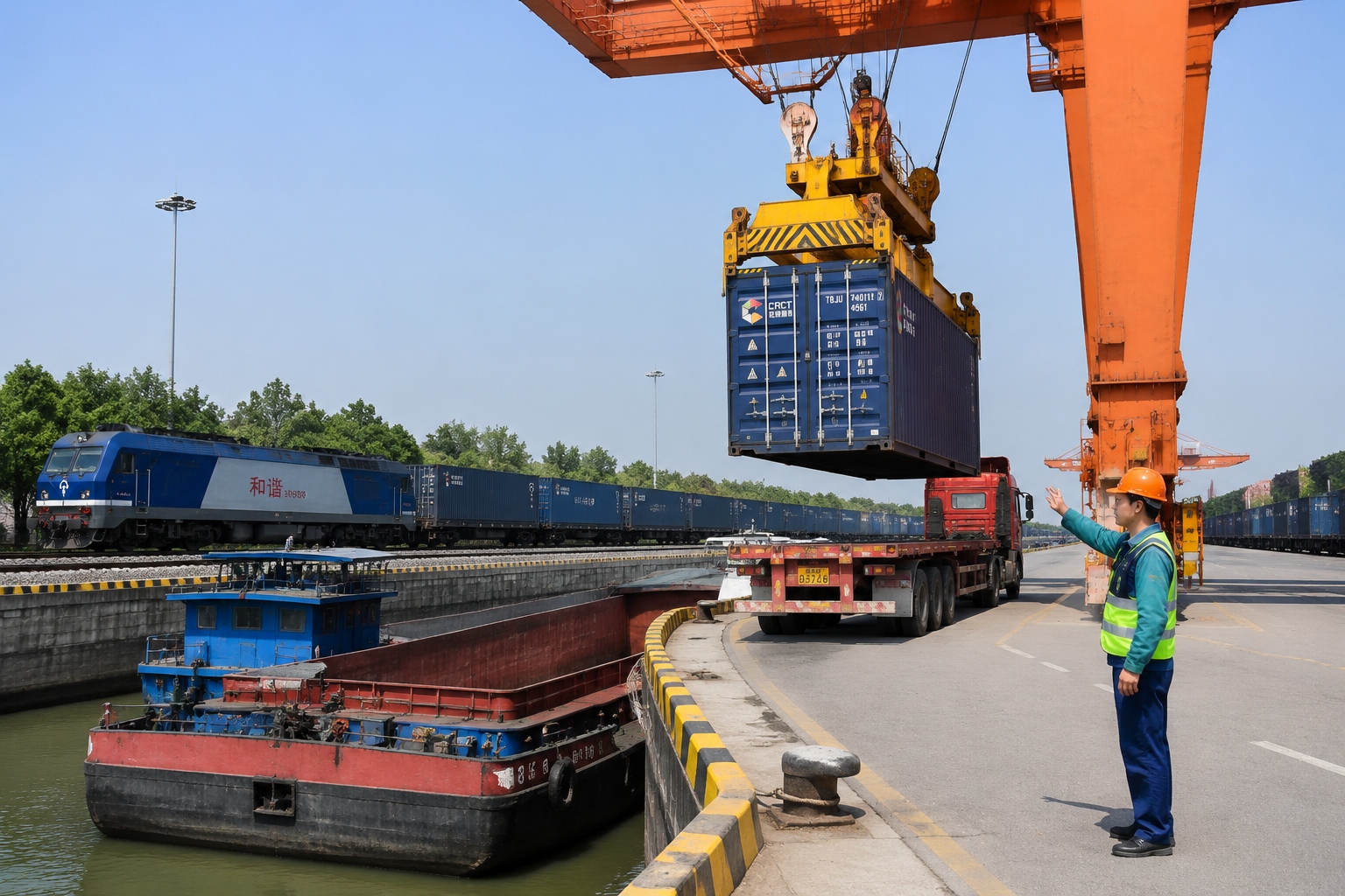 Gantry crane loading a shipping container from a canal barge onto a truck at a Chinese river port, with a freight train waiting nearby