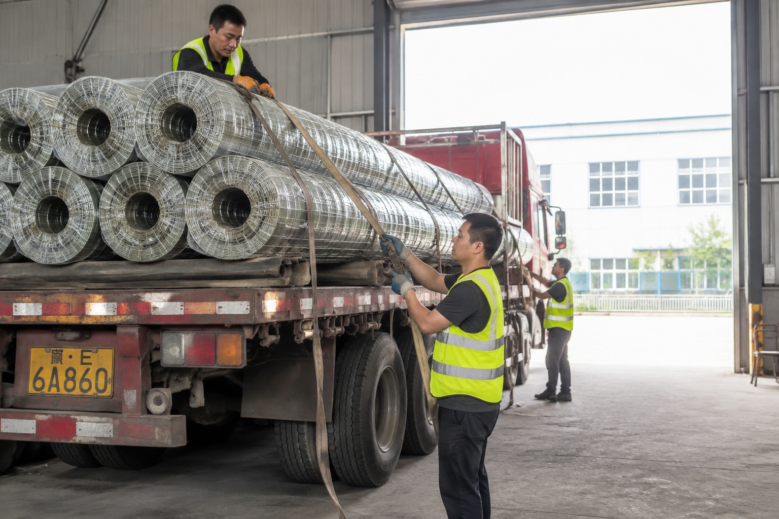 Workers loading export-bound steel wire mesh onto a truck in Anping County, China