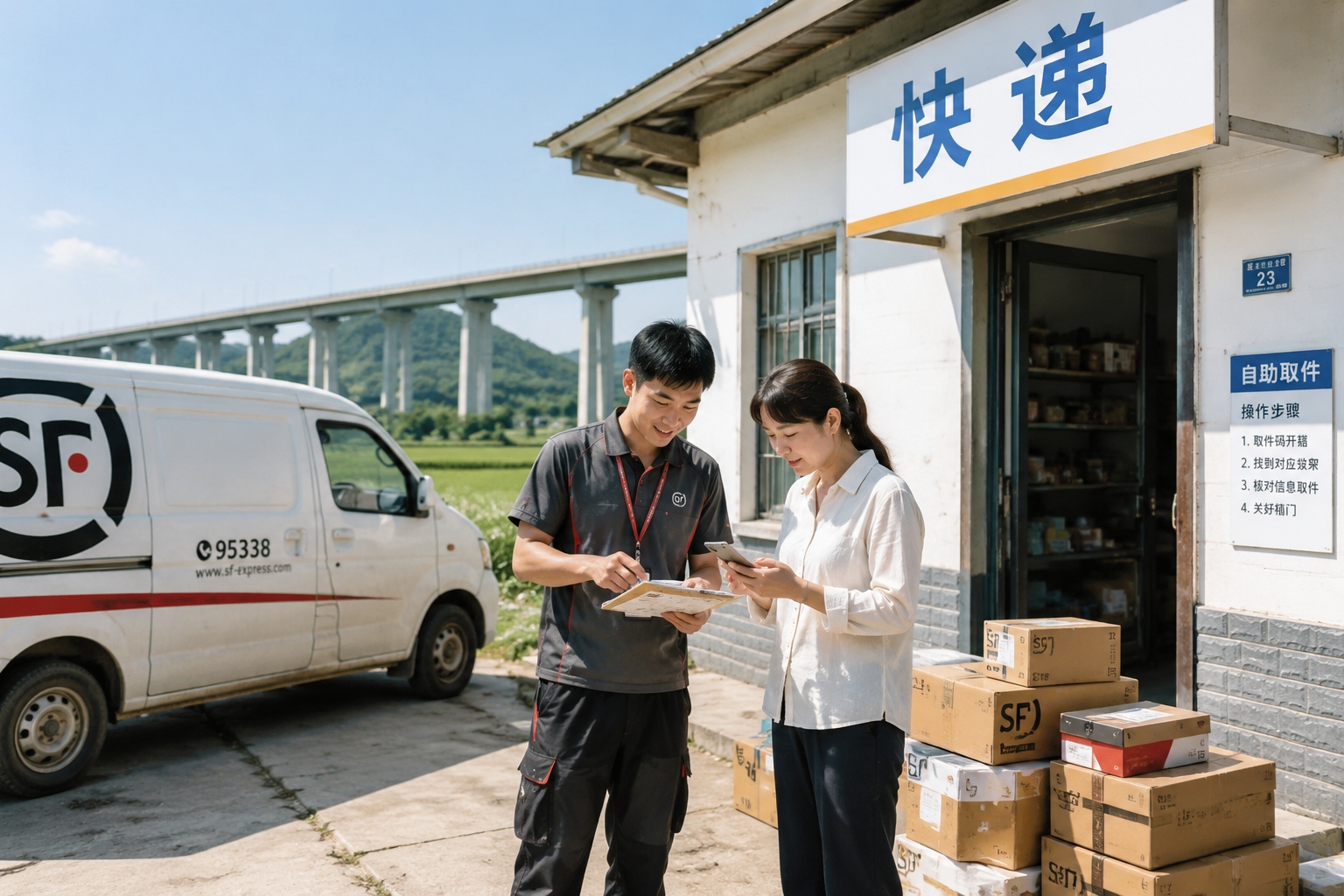 Courier van and delivery packages at a rural station with an expressway in the background