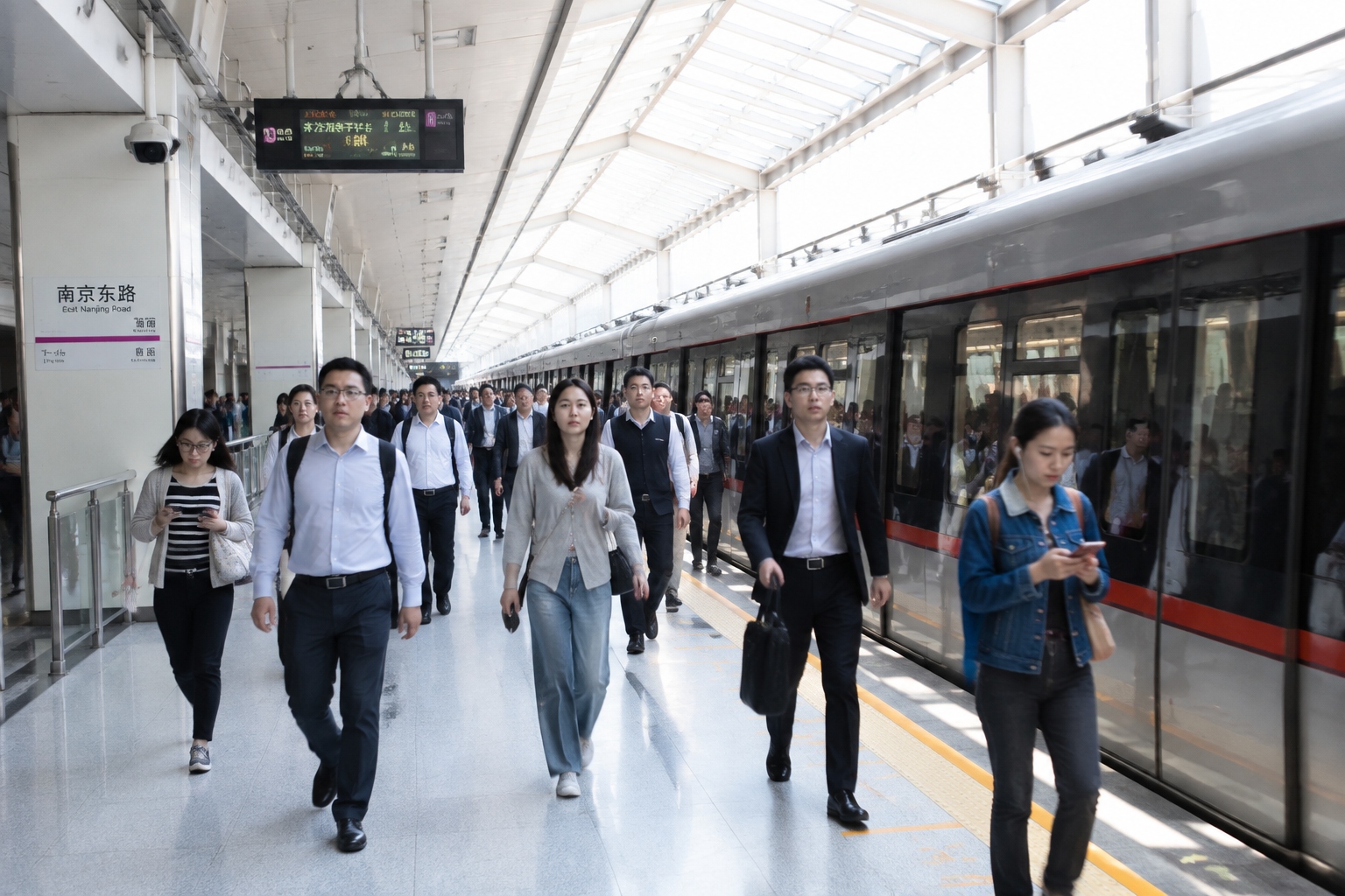 Crowded but orderly commuters walk through a Shanghai metro station during morning rush hour