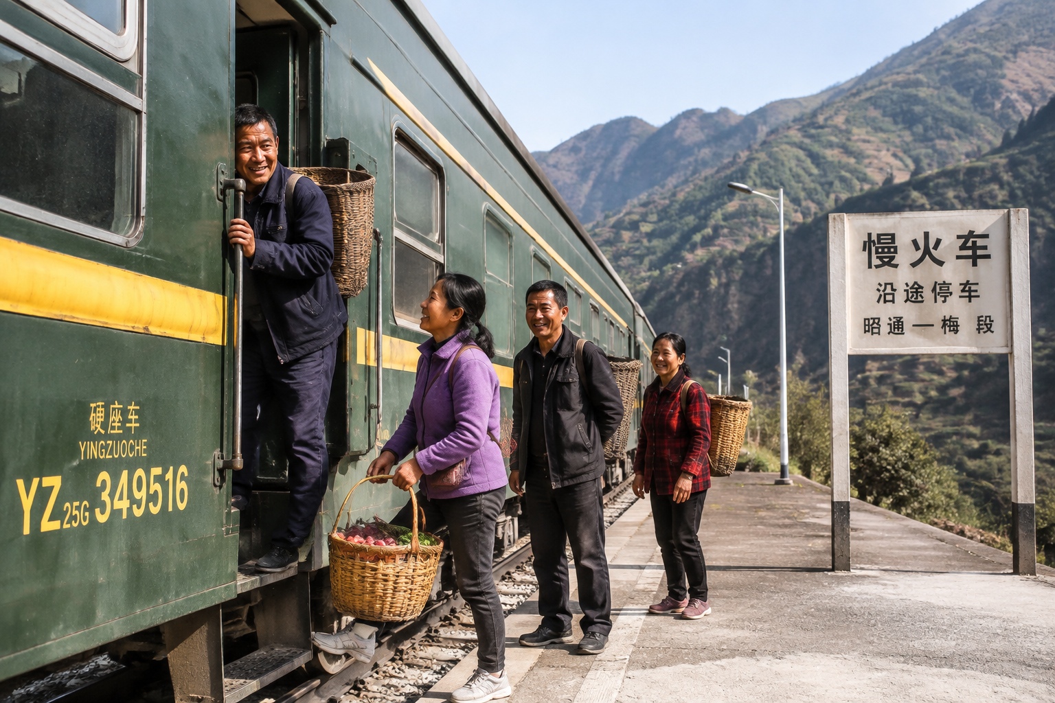 Residents board a green slow train at a small rural station in mountainous western China