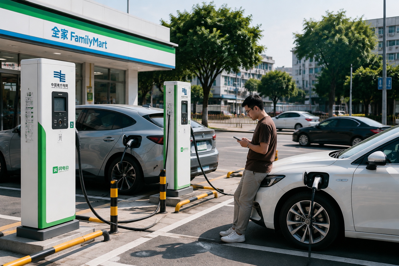 Electric cars charging at a curbside charging station in a Chinese city as a driver waits