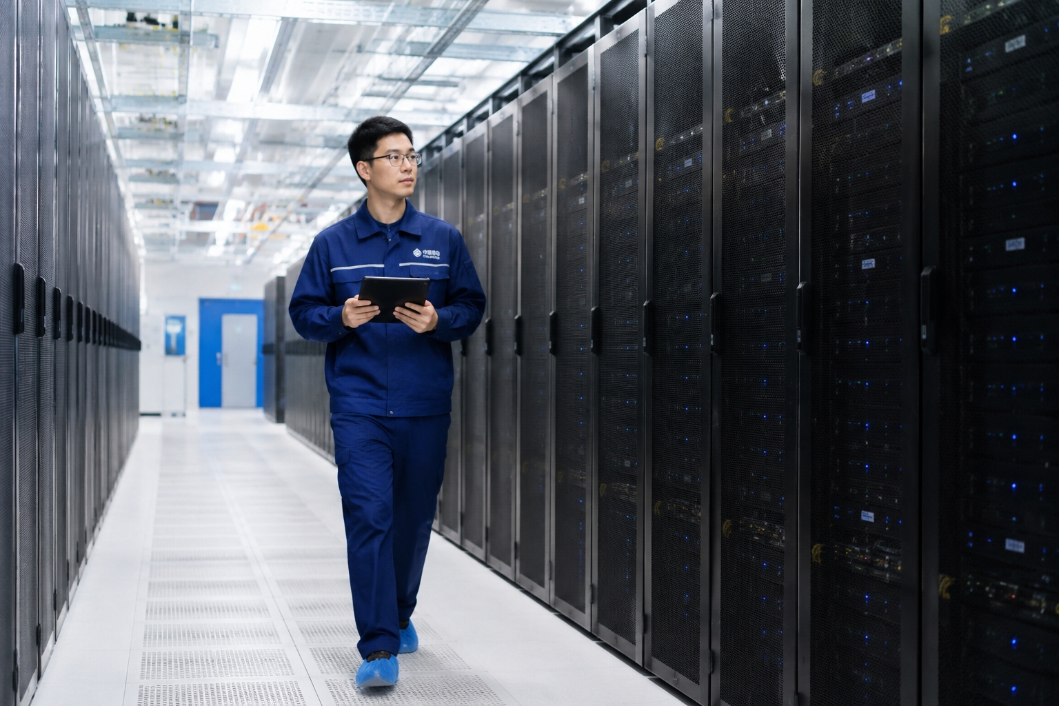 Chinese data center engineer inspecting rows of server cabinets in a large facility