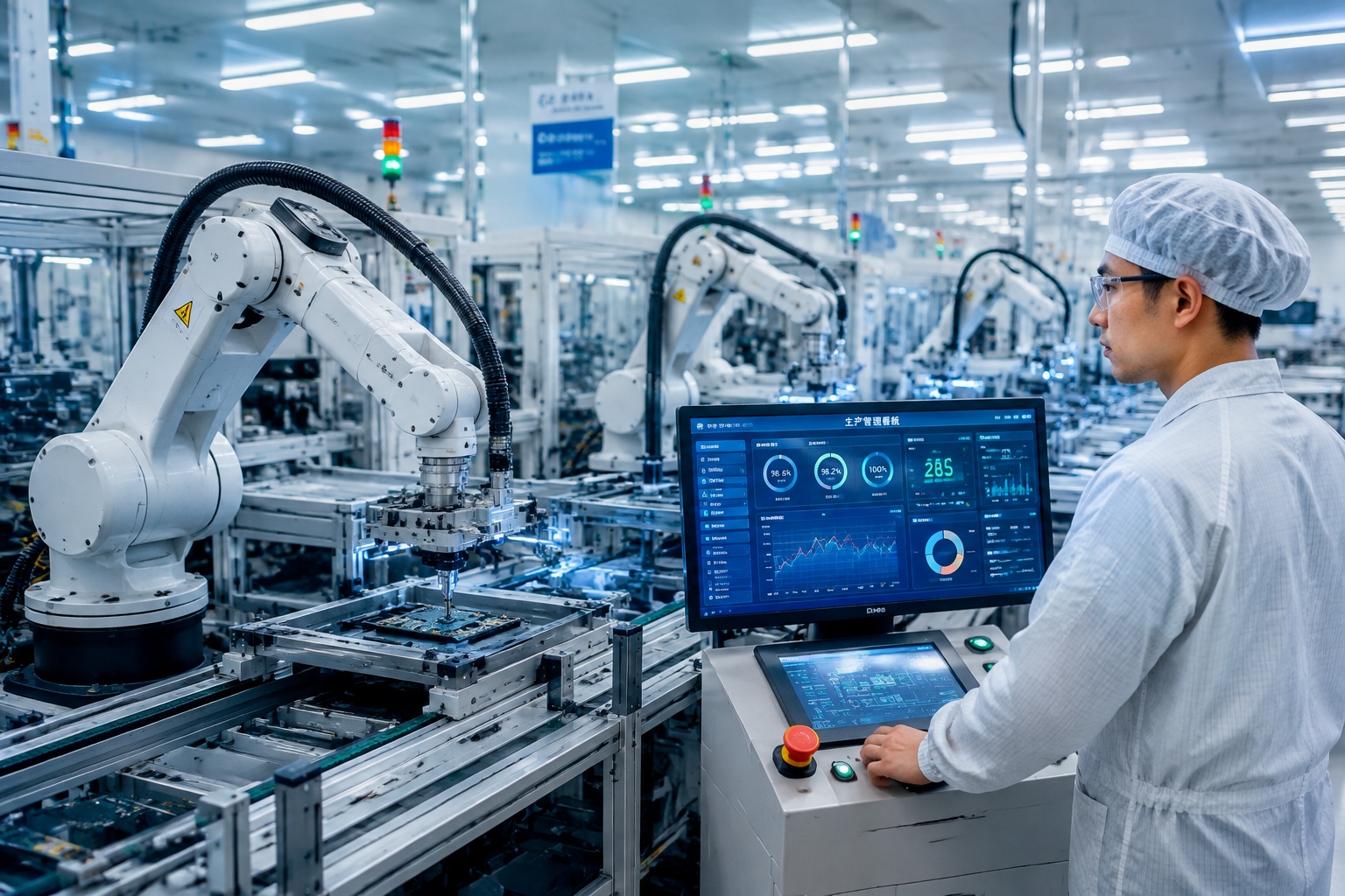 Automated production line in a Chinese electronics factory assembling circuit boards