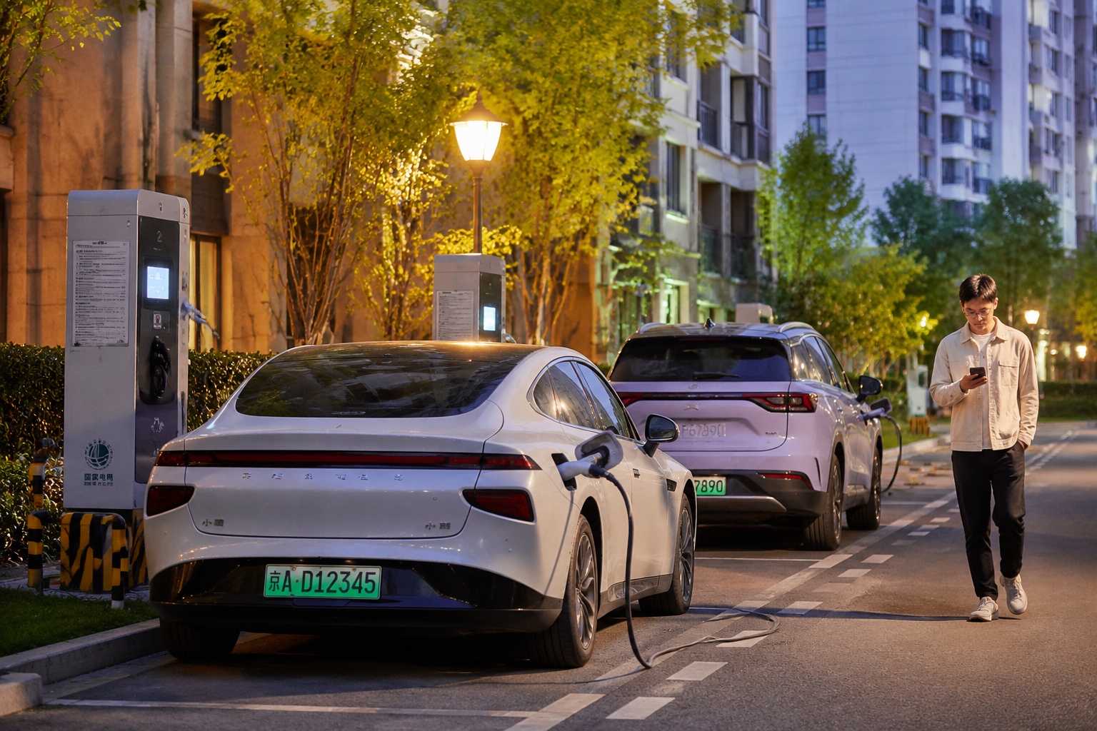 Electric cars charging at a public station in a Chinese residential neighborhood at dusk