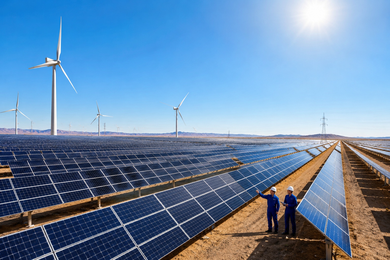 Aerial view of a large solar farm with wind turbines in the Gobi Desert, China