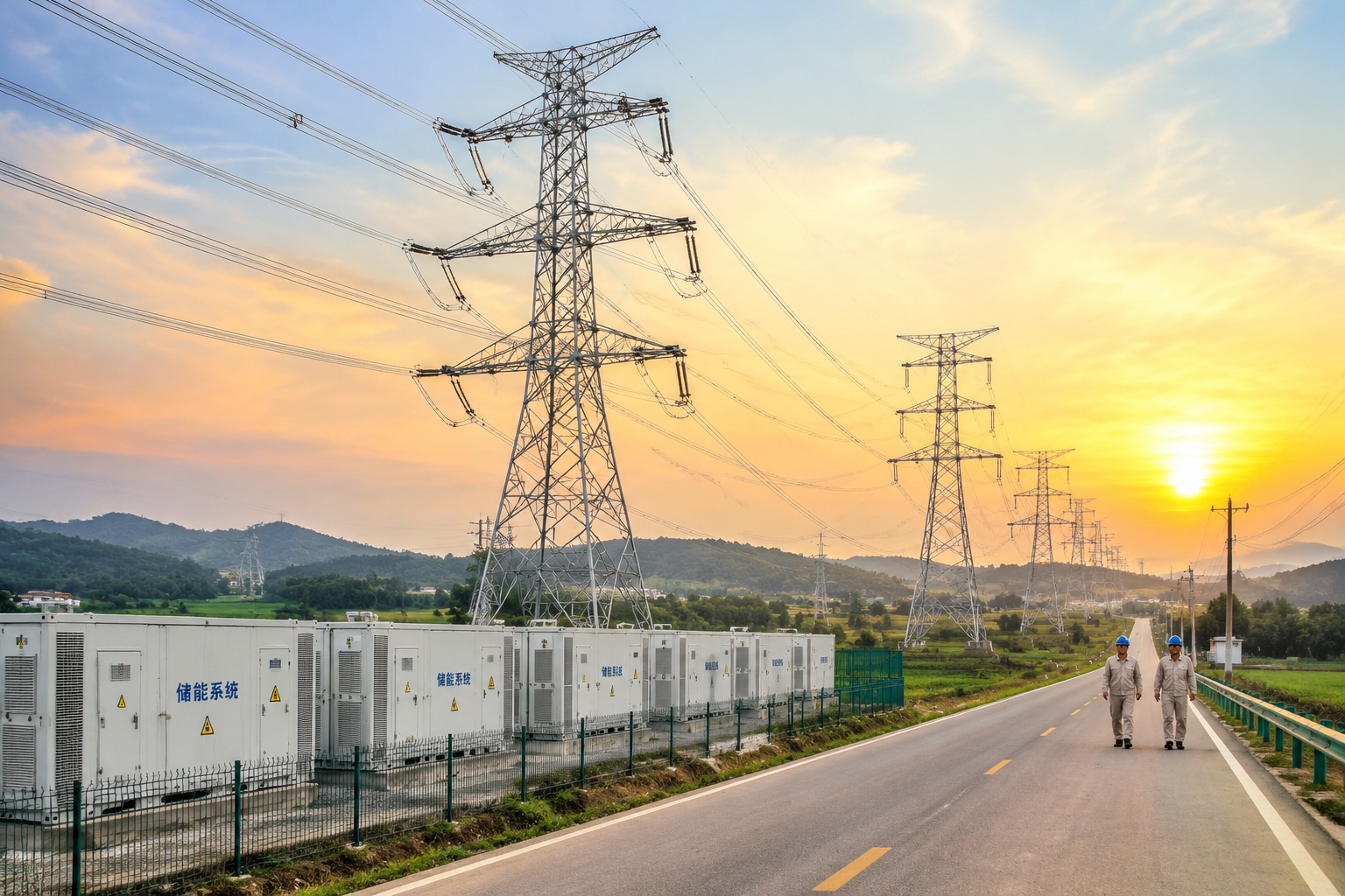 Ultra-high-voltage power transmission towers in rural China under a sunset sky