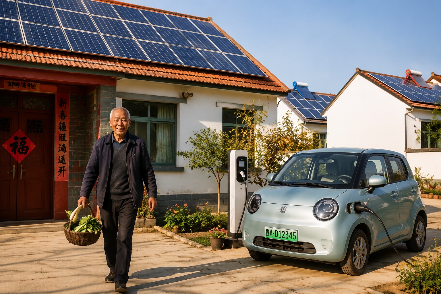 Solar panels on rural house roofs in Shandong, China, with an electric vehicle charging nearby