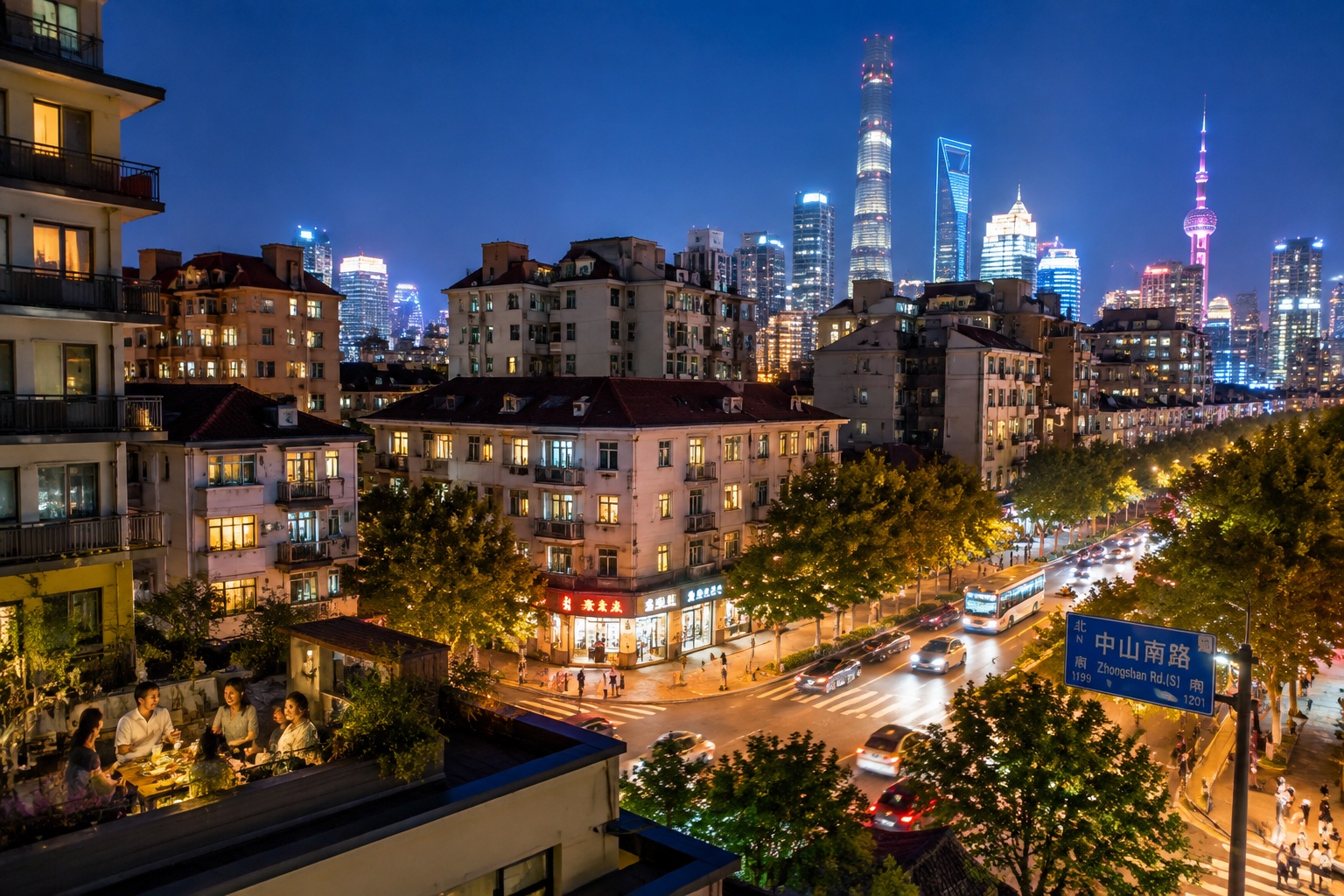 Shanghai residential buildings lit up at night