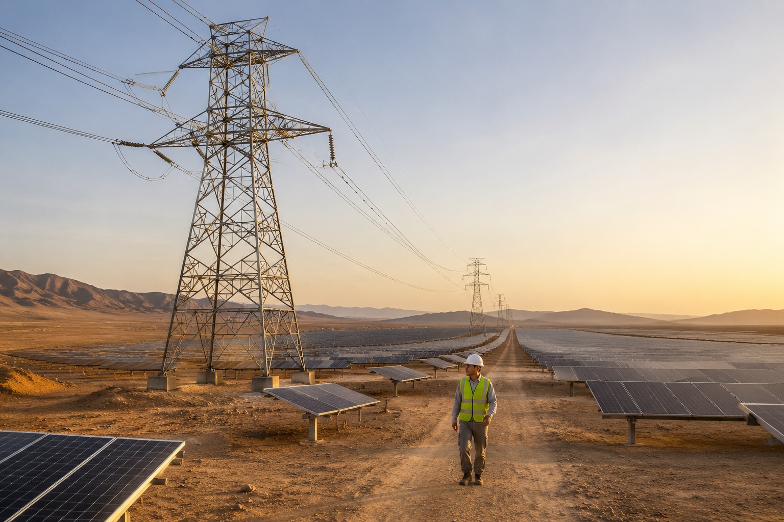 Solar panels in the Gobi Desert with a high-voltage transmission tower nearby, illustrating how western China's sunlight is converted into electricity for the east.