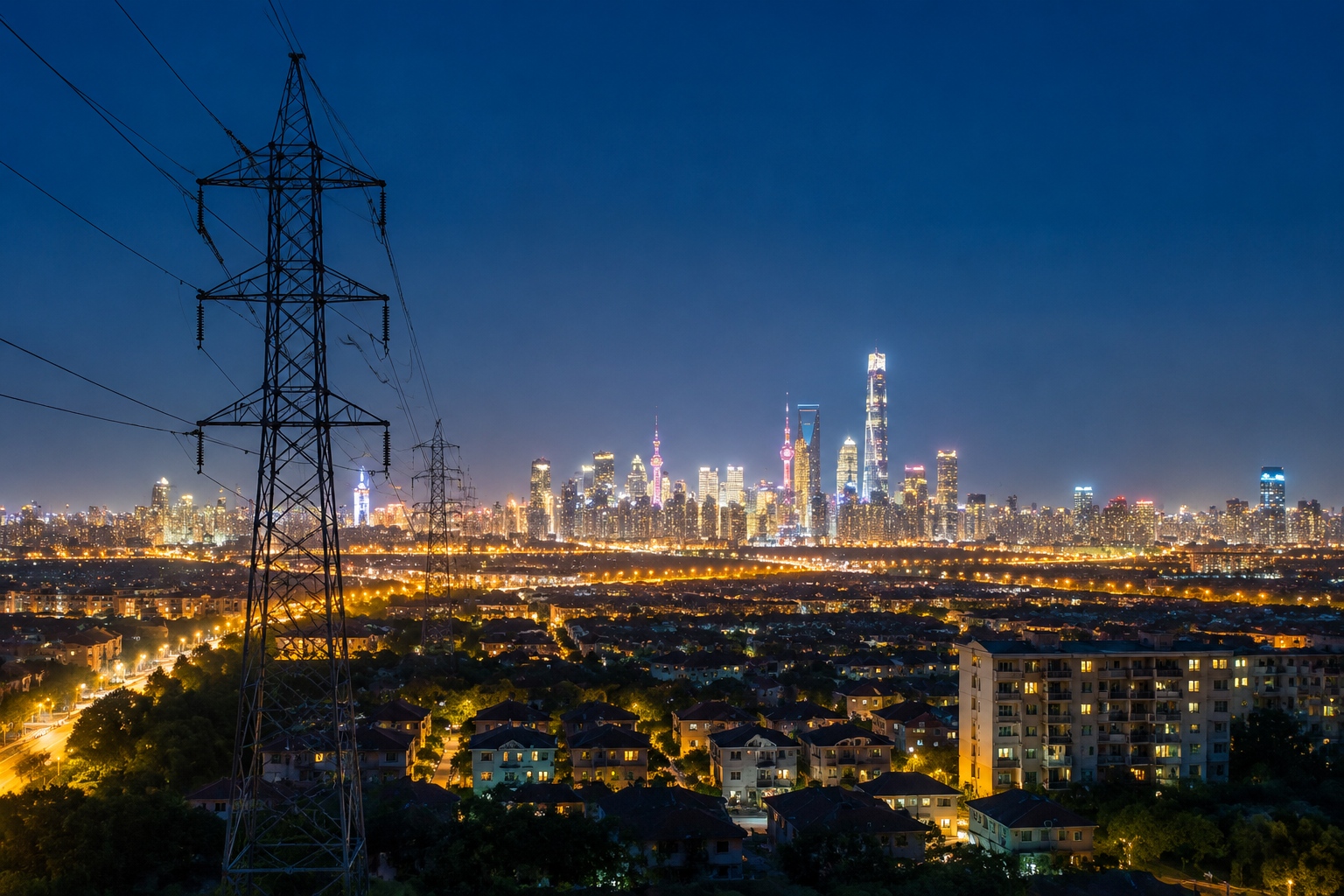 Shanghai's illuminated skyline at night with a high-voltage pylon in the foreground, representing electricity delivered from distant western renewable sources.