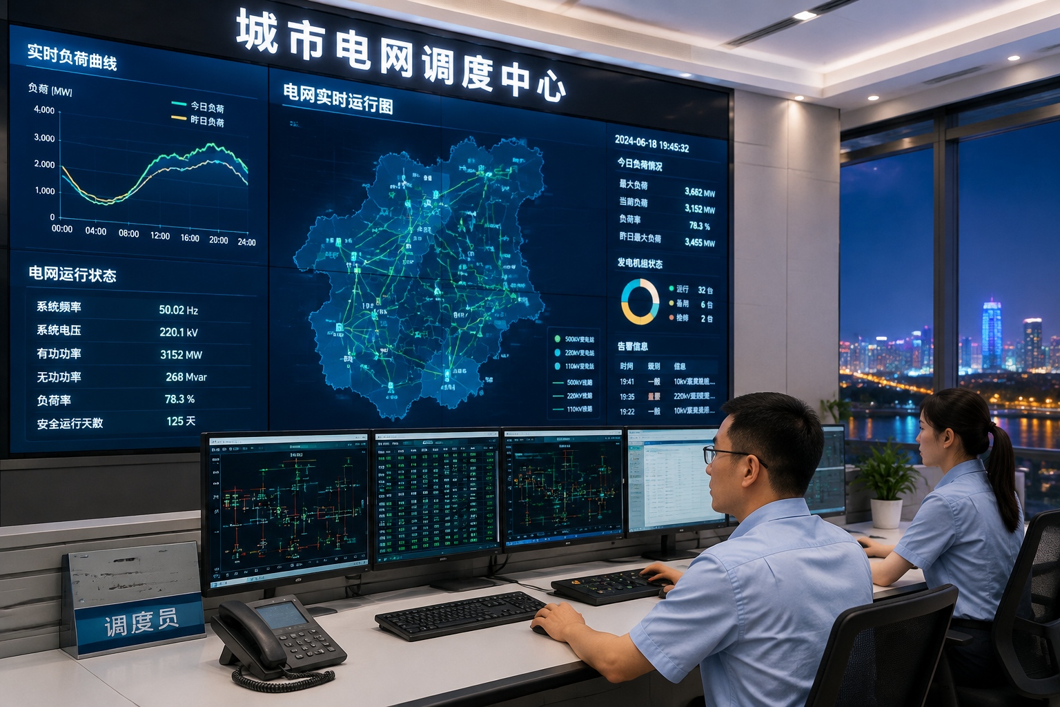 Grid dispatchers monitoring real-time electricity load curves at a city power dispatch center in China