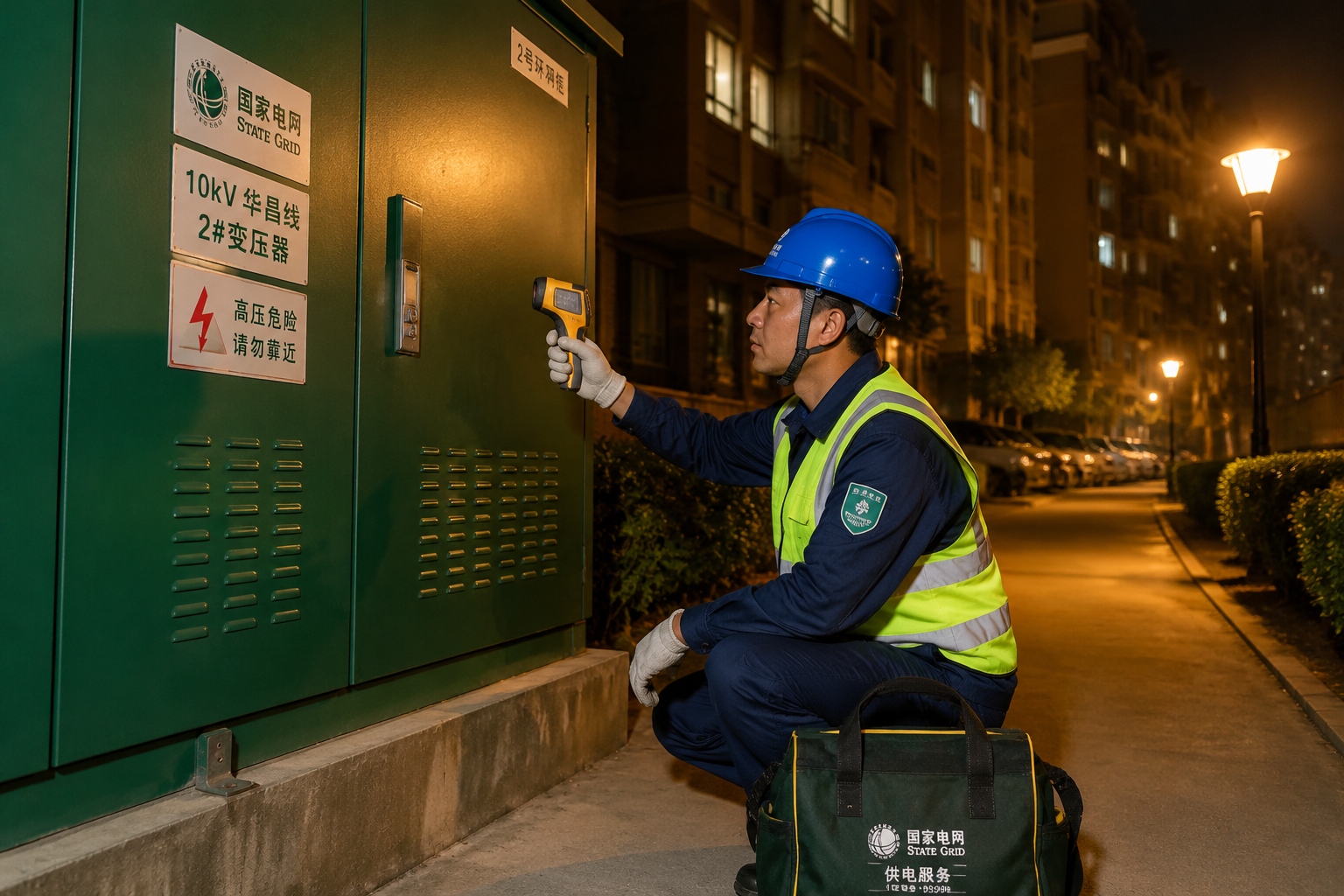 Electricity maintenance worker inspecting transformer at night in a Chinese residential neighborhood