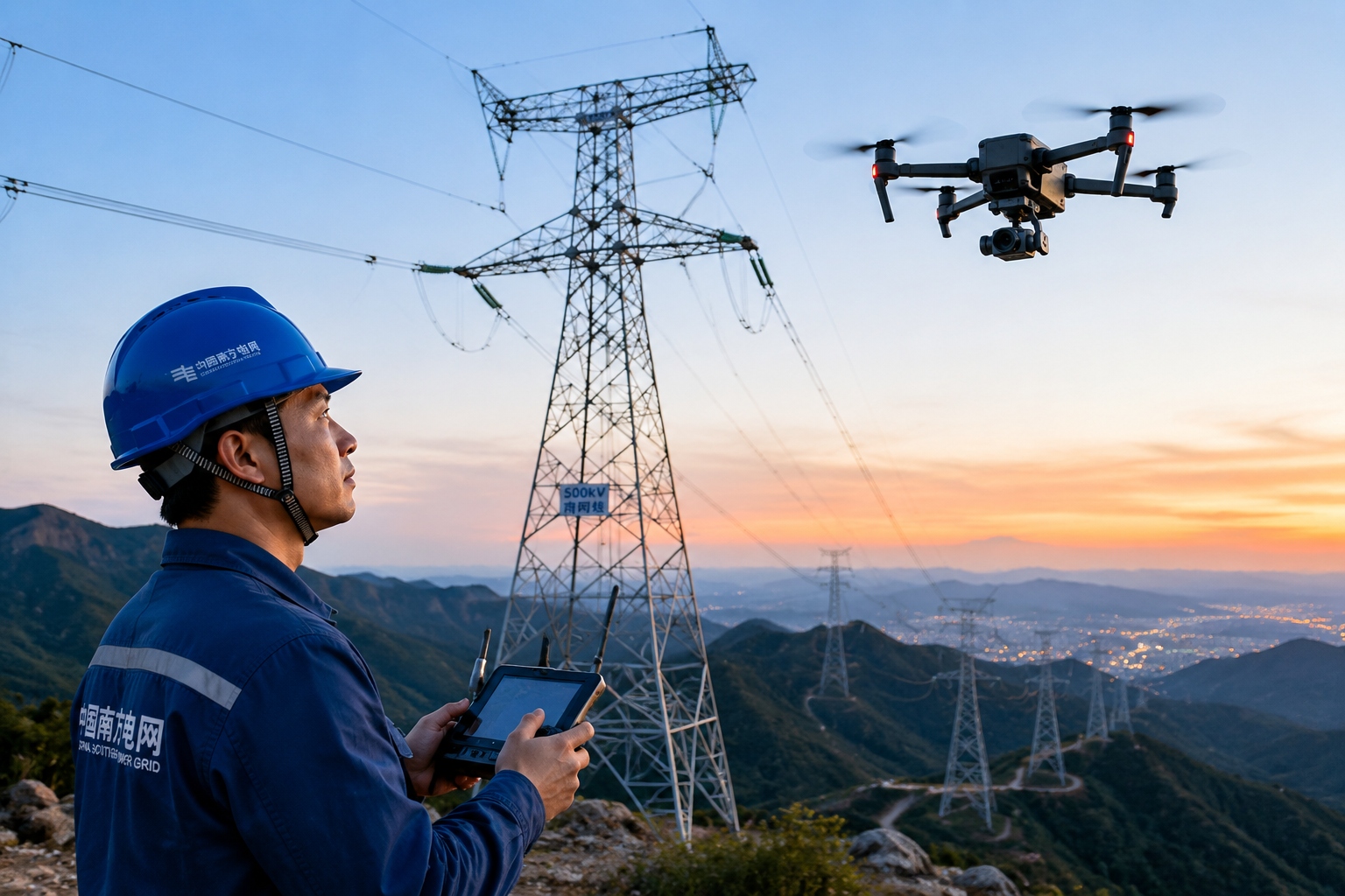Drone with thermal camera inspecting high-voltage power line in China's mountainous area