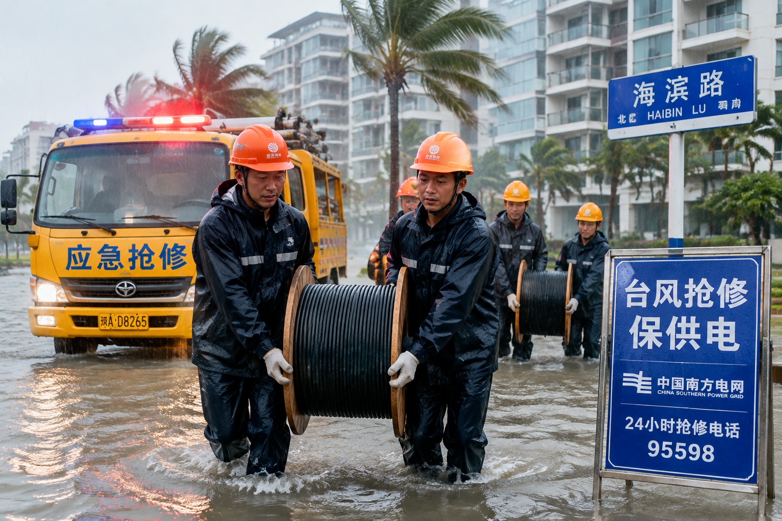 Power repair team working through flooded streets during typhoon in Chinese city
