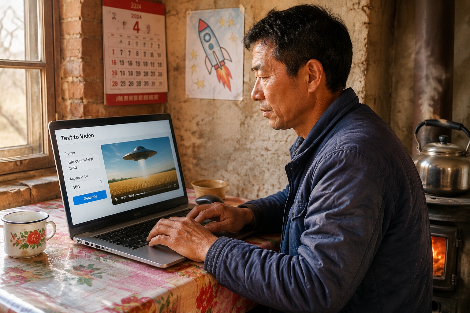 Chinese farmer typing a text prompt into an AI video tool on his laptop in a simple rural home