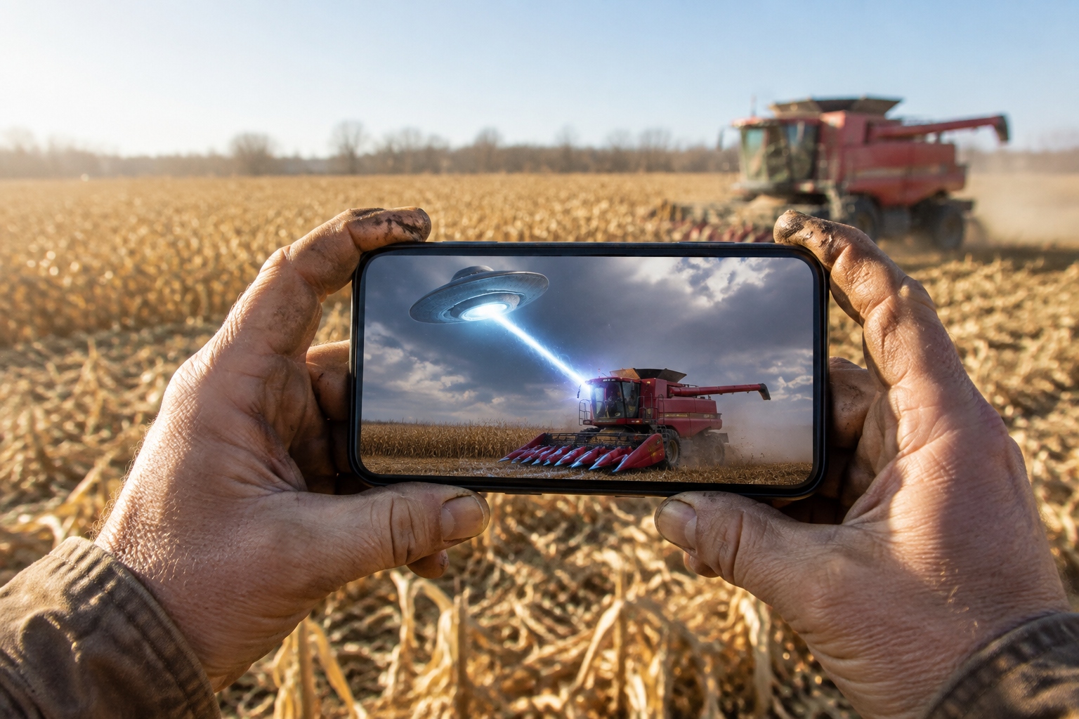 Close-up of a farmer reviewing an AI-generated sci-fi frame on a smartphone in a harvested field