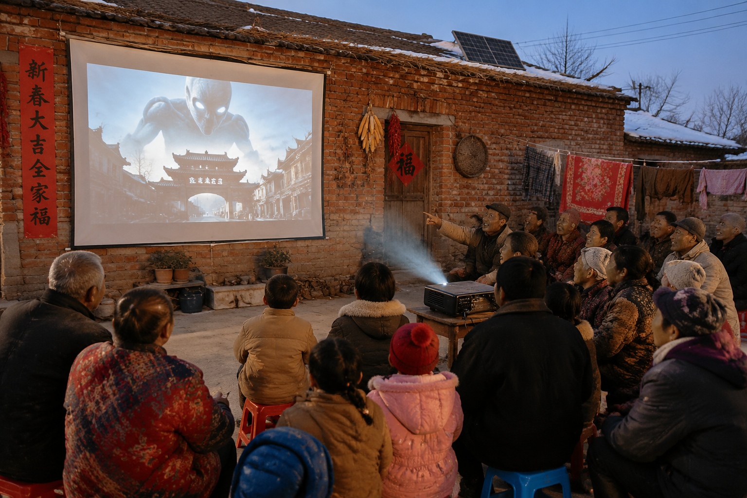 Villagers watching an AI-made sci-fi short projected on a wall in a rural Chinese courtyard at night