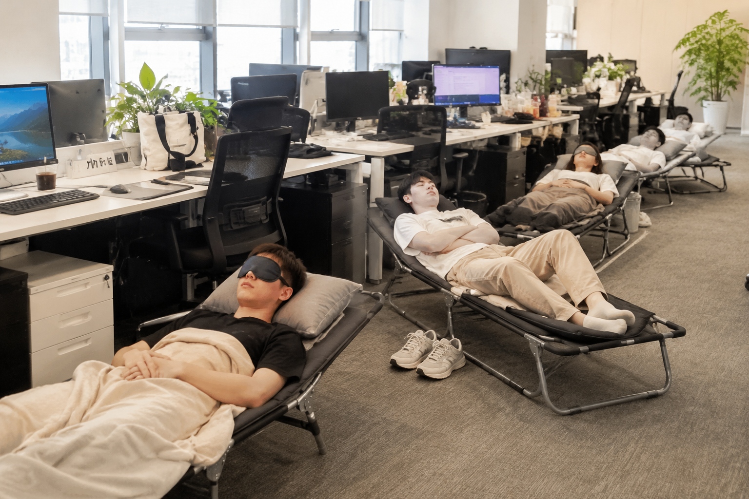 Chinese office workers napping on foldable beds during lunch break