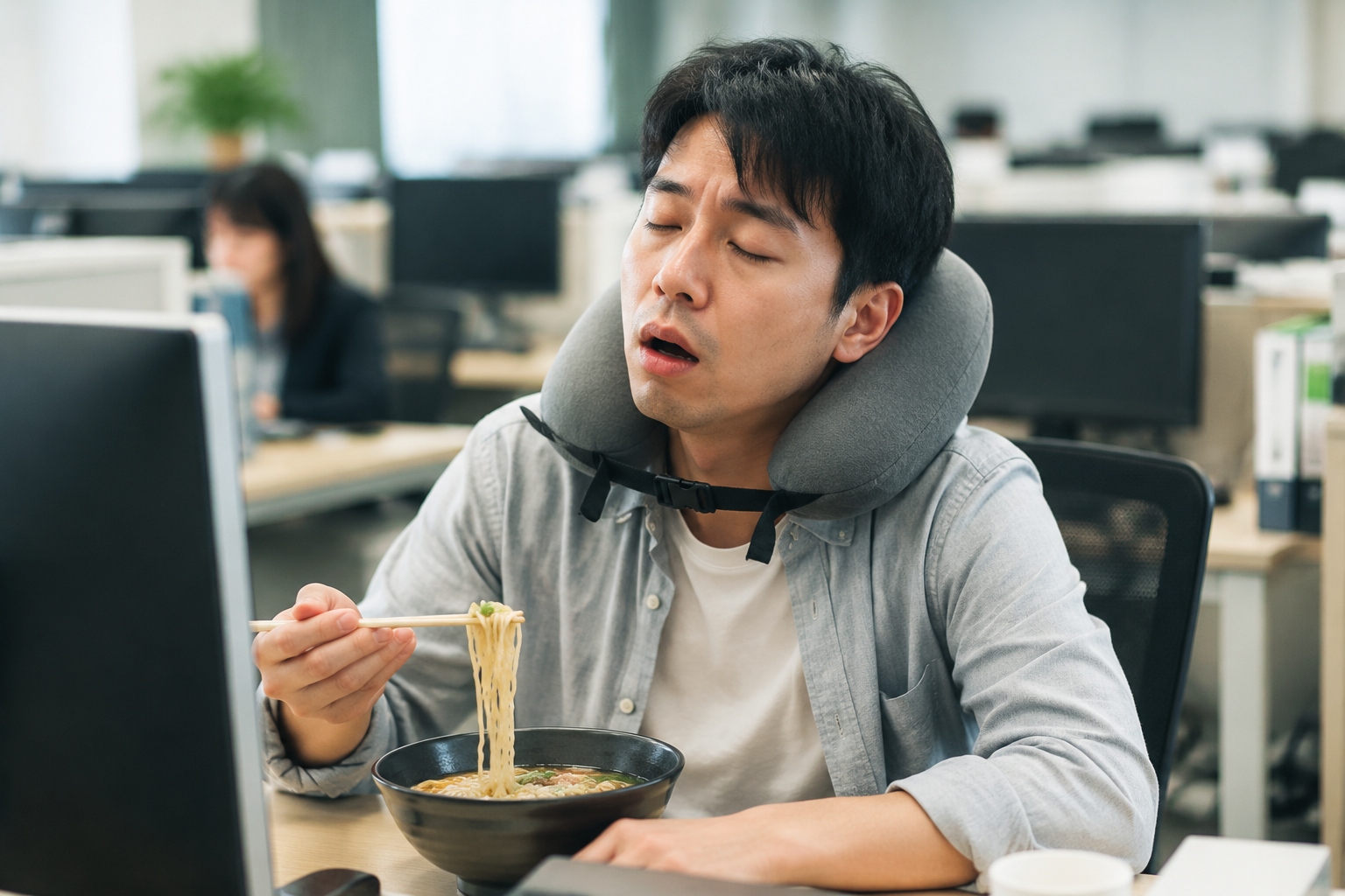 Office worker feeling sleepy after a high-carb lunch at desk