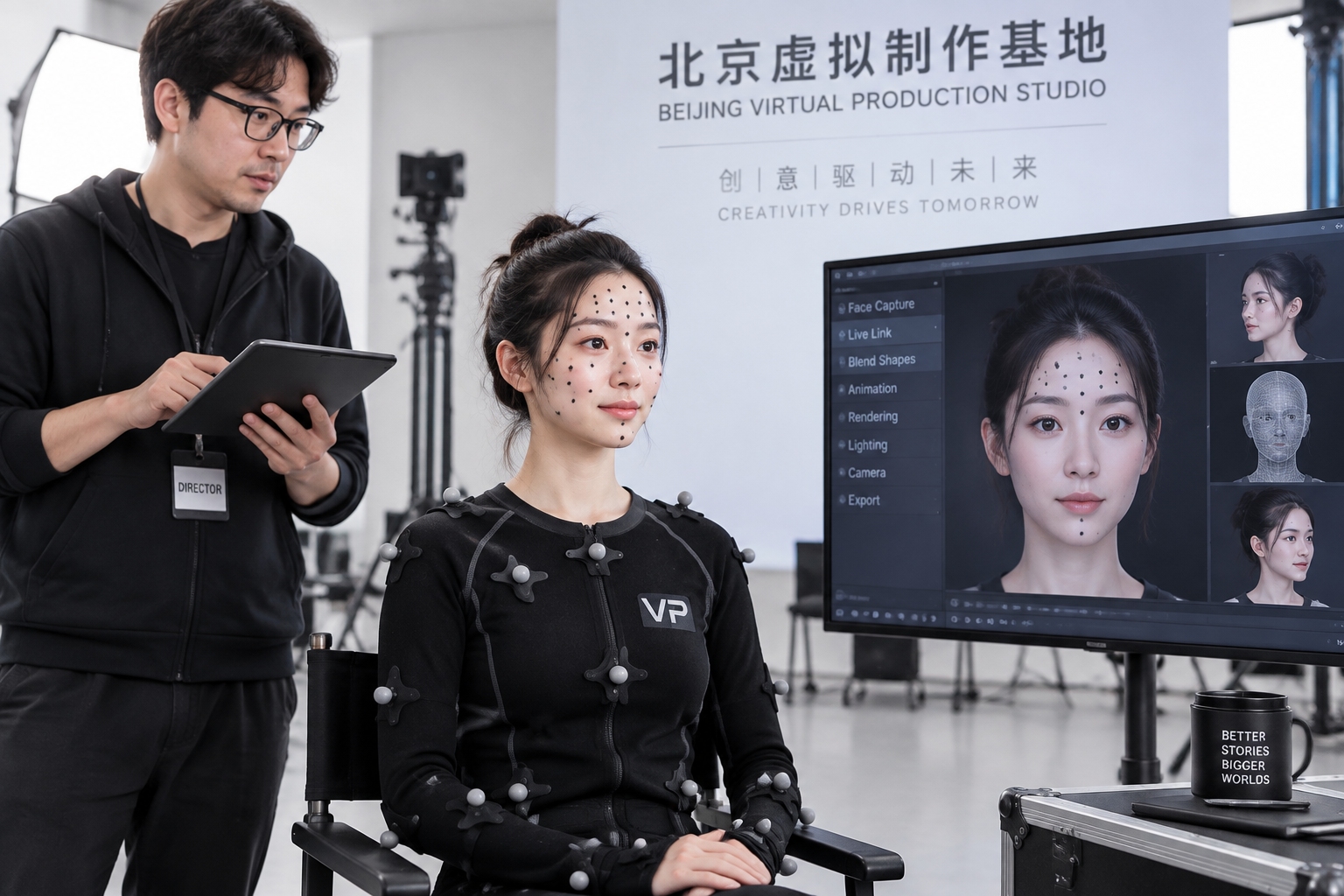 Chinese actress with facial motion capture markers looks at a 3D model of her own head on a screen in an AI film studio