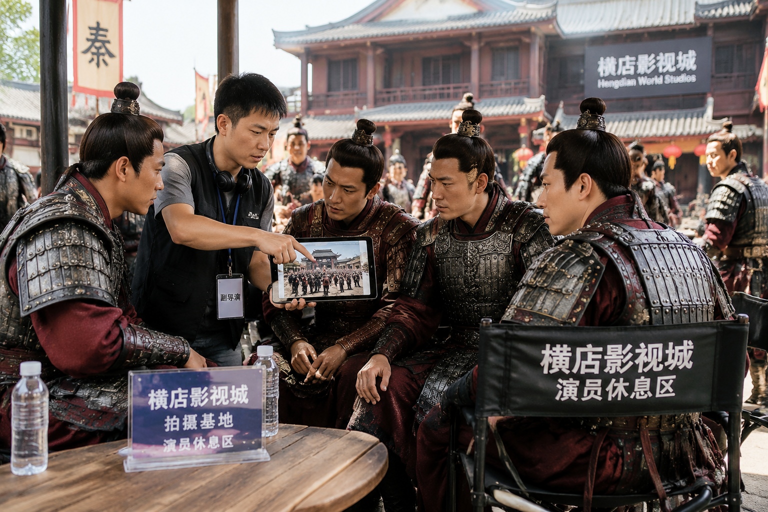 Group extras in armor rest beside a director who checks an AI crowd scene on a tablet in Hengdian