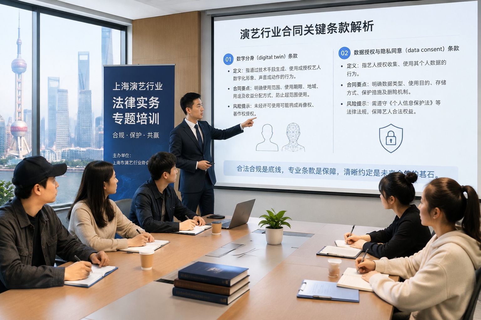 Chinese actors attend a legal seminar about digital likeness rights while a lawyer explains a contract on a large screen