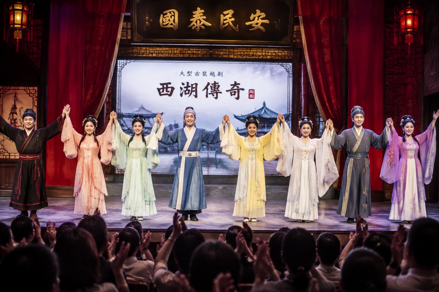 Chinese actors take a bow on a live theatre stage while the audience applauds in the foreground