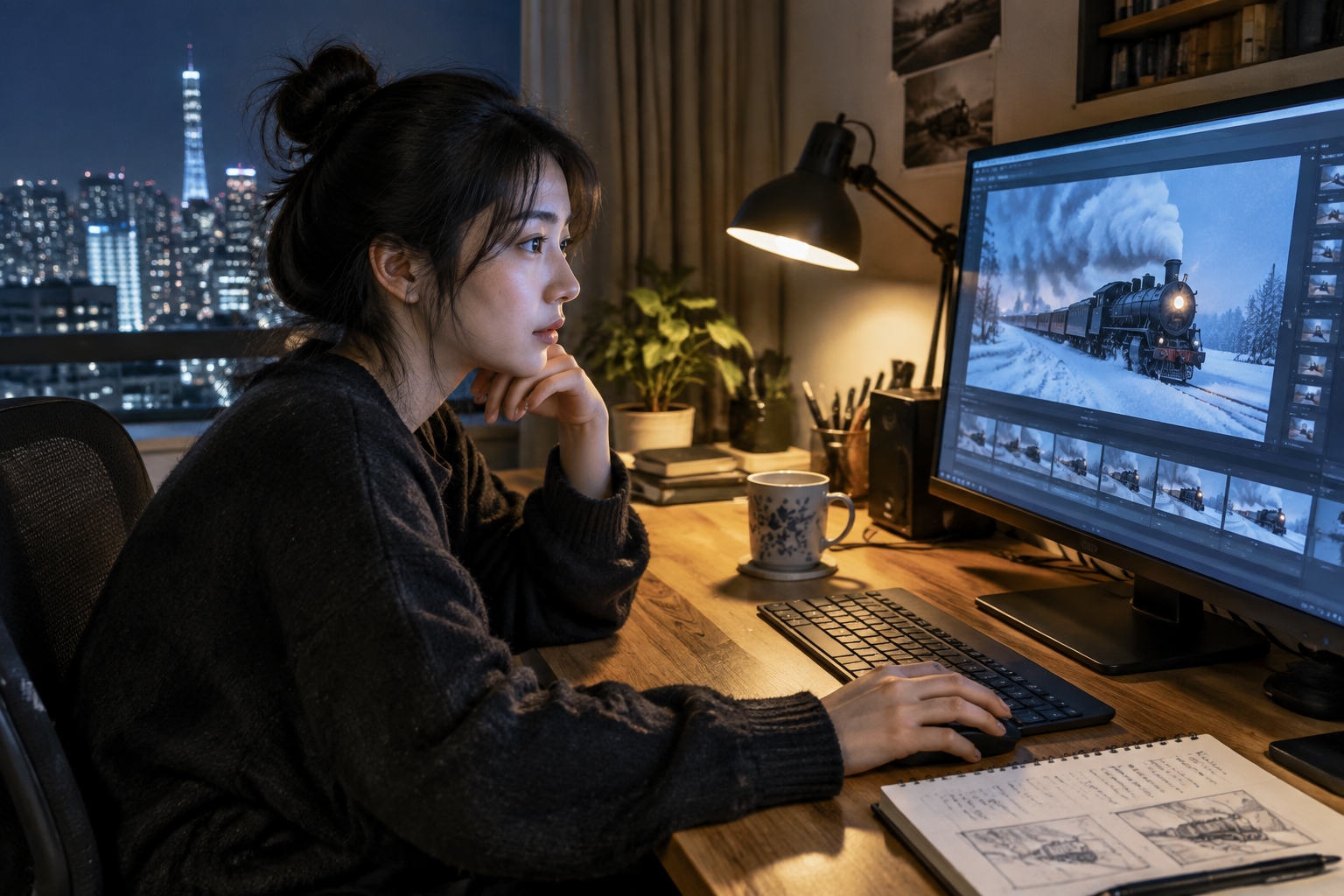 Chen Xi at her computer in a Beijing apartment, reviewing AI-generated clips of a snowy railway for her no-budget AI film