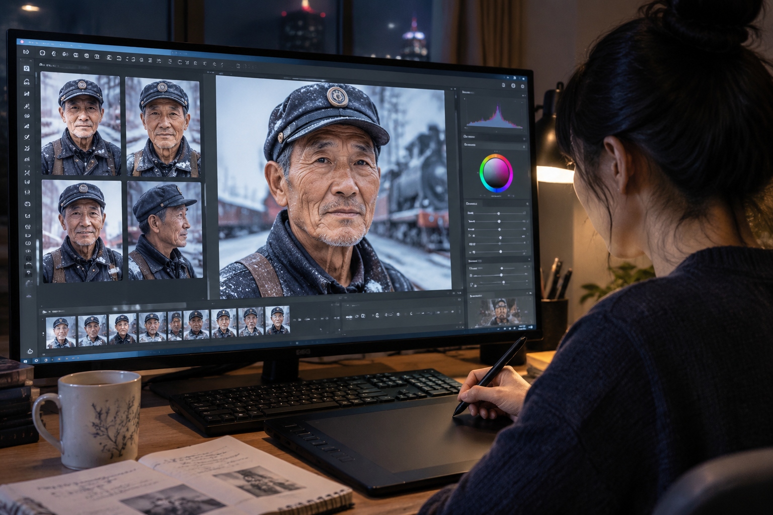 AI-generated digital portrait of an elderly Chinese railway worker being refined to keep a consistent character across a 15-minute film