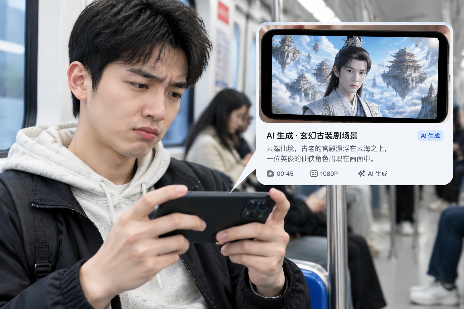 Young man watching AI-generated fantasy drama on smartphone during subway ride, looking unconvinced