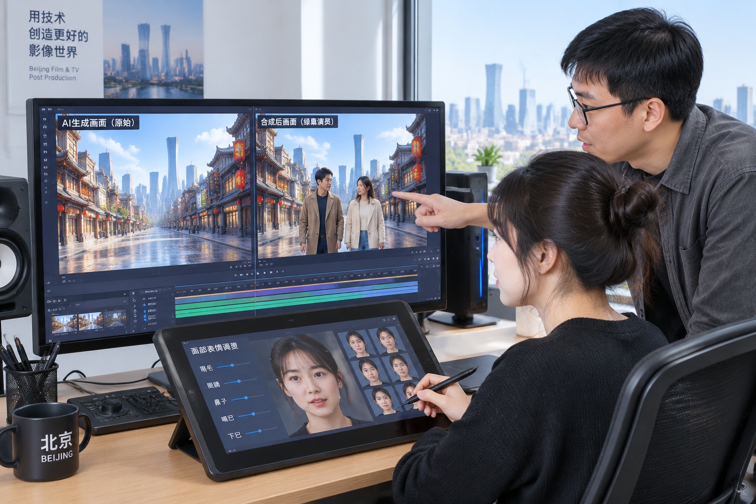 Film editor adjusting AI-generated street scene with human actors in a Beijing editing suite