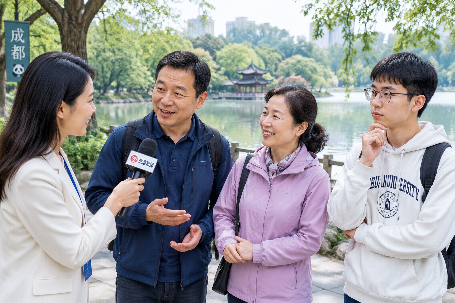 Street reporter interviewing Chinese residents in Chengdu about AI-made TV series