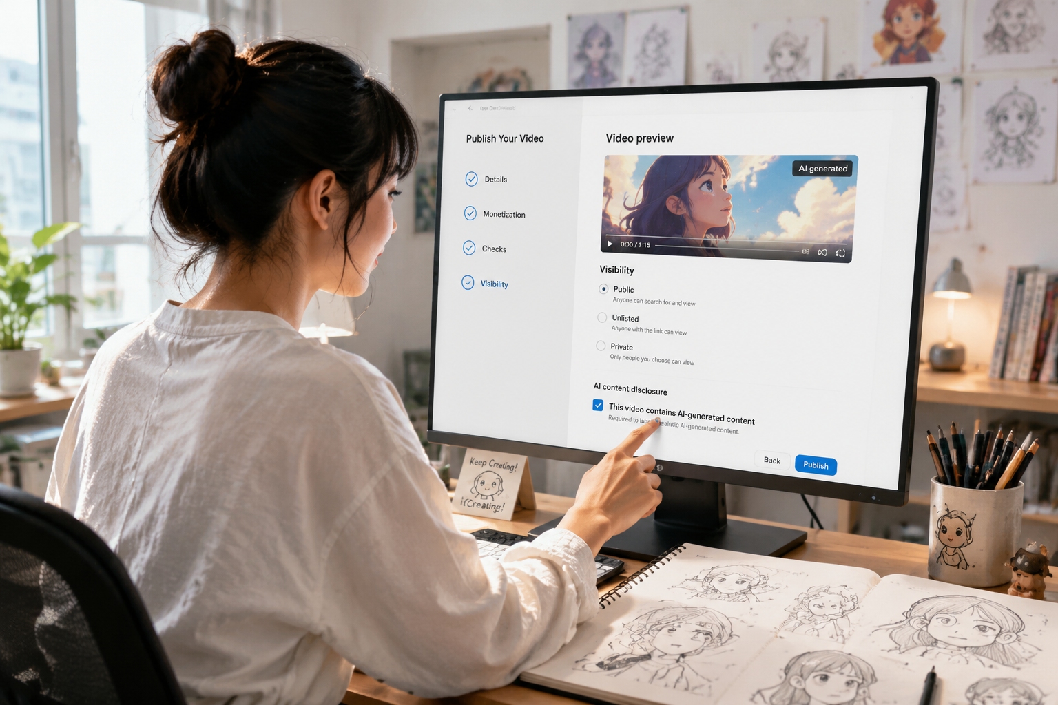 Chinese animator Zhu Lin uploads her AI-assisted short film and clicks the required contains AI-generated content checkbox on a video platform interface, with an AI label visible on the frame preview.