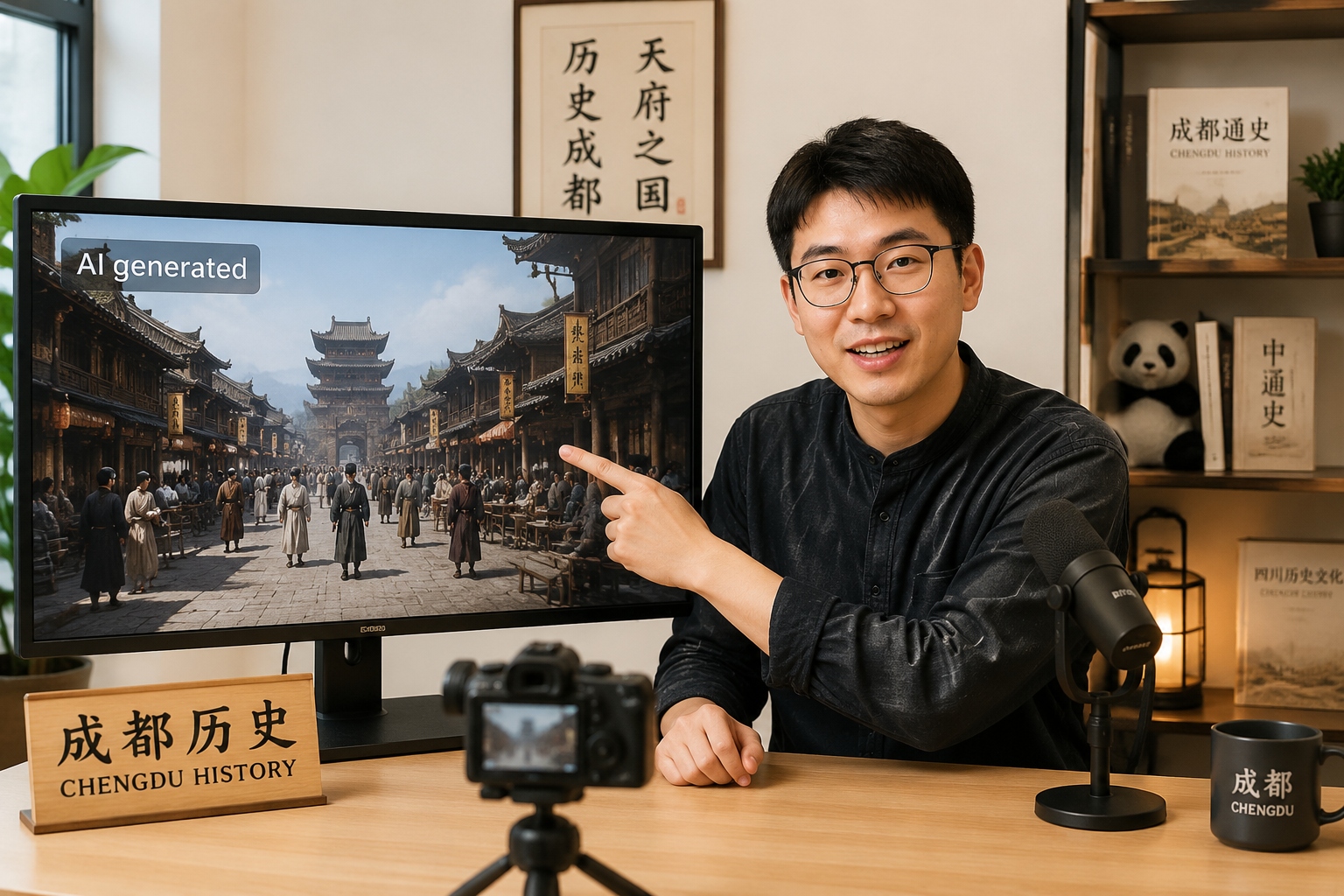 A Chinese history video creator in Chengdu shows an AI-reconstructed street scene with the required AI-generated label in the corner of his editing monitor.