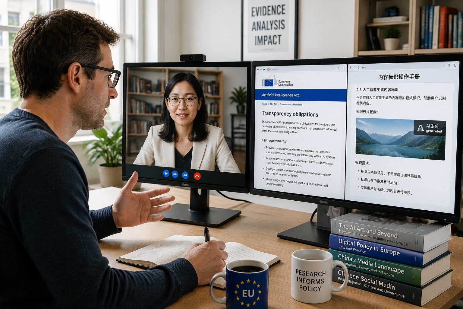 Comparison of EU AI Act transparency rules and China's AI-generated content labeling rules during an online policy discussion with documents and notes visible.