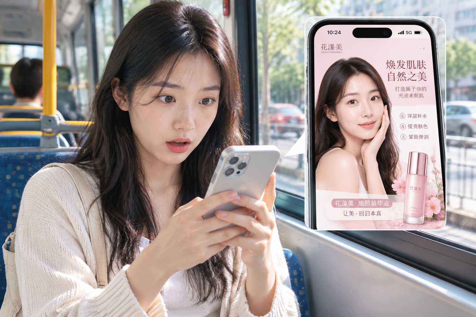 Chinese woman on a bus noticing her own face in an AI-edited beauty advertisement on her smartphone