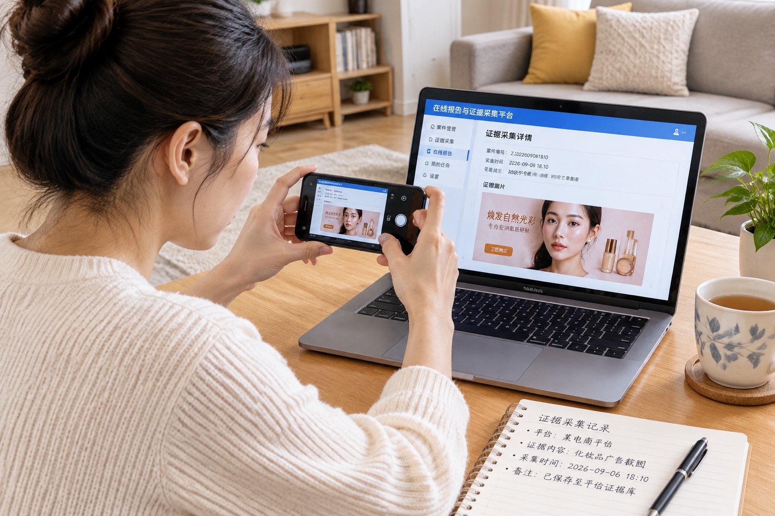 Woman collecting screenshots and timestamps as evidence of an unauthorized deepfake advertisement