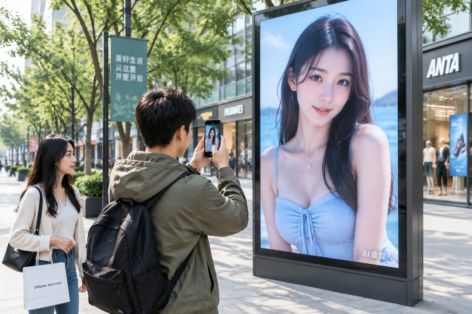 A passer-by photographing an AI virtual influencer billboard in a Chinese shopping street