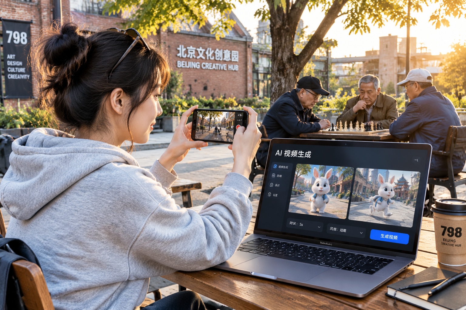 Young Chinese woman testing an AI video tool outdoors in Beijing while older residents play chess in the background