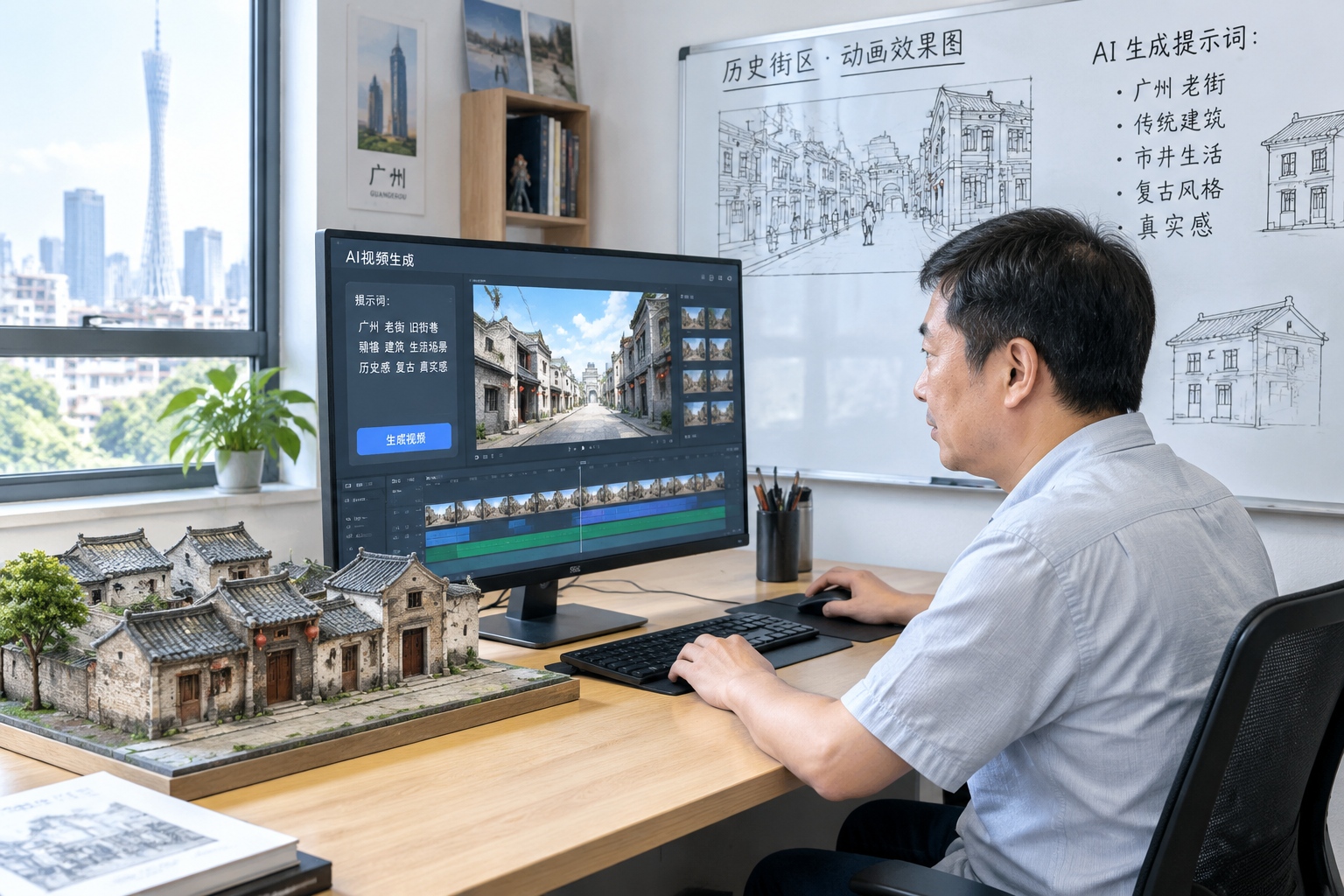 Retired factory worker in Guangzhou using AI software to recreate old neighborhood scenes on his computer