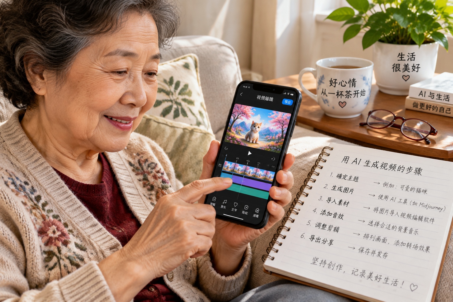 Learning AI at 60: A Beijing Retiree Turns Her Family into Movie Stars 23 Elderly Chinese woman’s hands holding a smartphone with AI video app next to handwritten notes