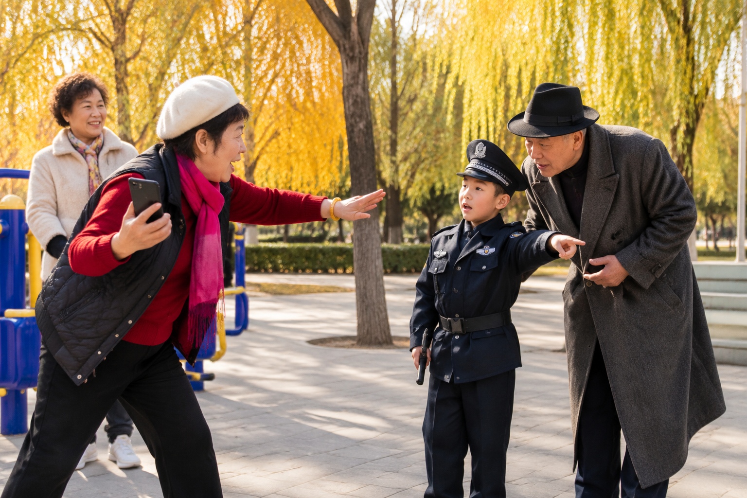 Learning AI at 60: A Beijing Retiree Turns Her Family into Movie Stars 24 Beijing grandma directs her husband and grandson in a park for a short family AI video