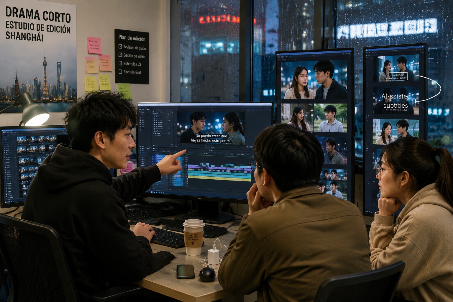 Editors in Shanghai review AI-generated Spanish subtitles for a Chinese short drama on a monitor at night