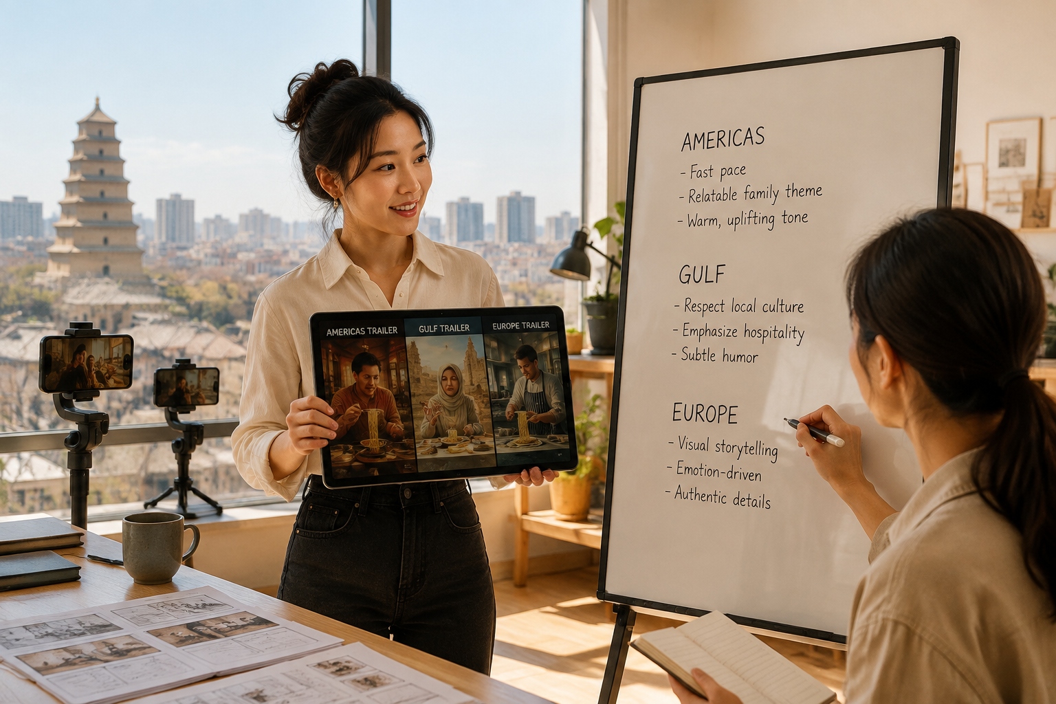 A Chinese producer in Xi'an compares three AI-localized trailers on a tablet for different overseas markets while a colleague takes notes