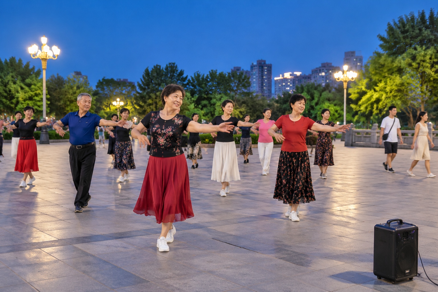 Elderly Chinese people square dancing in a city plaza at dusk, with a portable speaker on the ground in the foreground