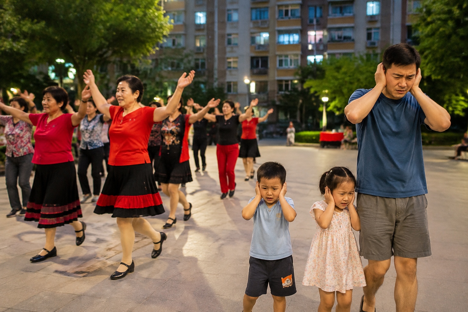 Young father covering his ears as children watch from a distance while elderly square dancers perform in the background
