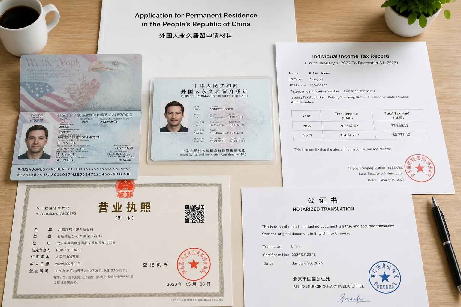 China permanent residence application documents with passport, tax record, employer business license and unified social credit code on a desk